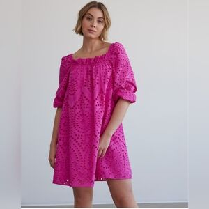 Reitmans Cotton Sz 1X Eyelet Dress Square Neck Fushia  Puff Sleeve Sundress